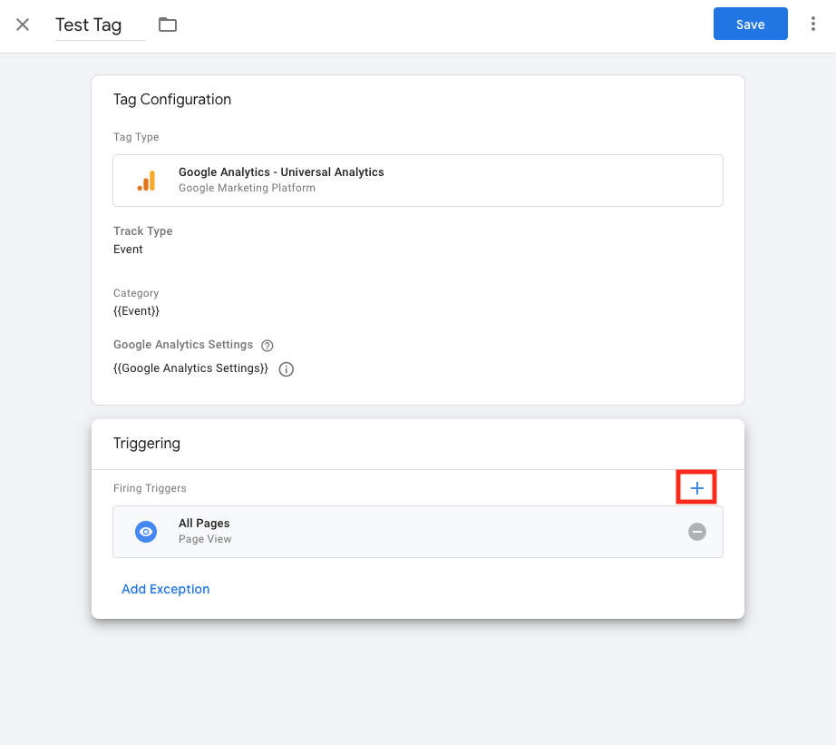 tag page with new trigger highlighted