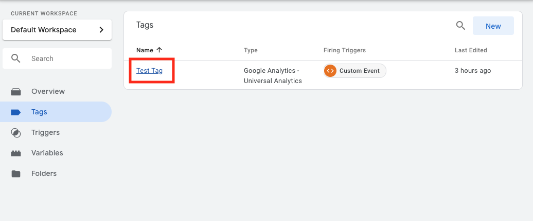Google tag manager workspace with tag highlighted
